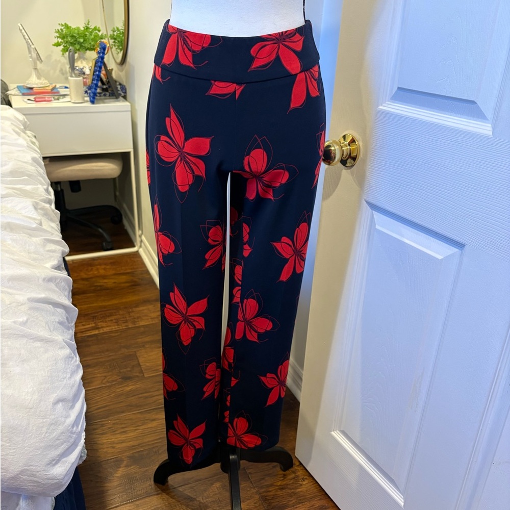 Joseph Ribkoff Floral Pull On Pants Size 4 Navy Red Stretch